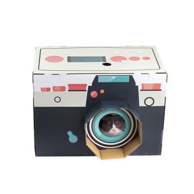 Cat House Scratcher Retro Bentuk Kamera Cat Lounge dengan Scratch Pad Karton Bergelombang Cave Bed Scratcher