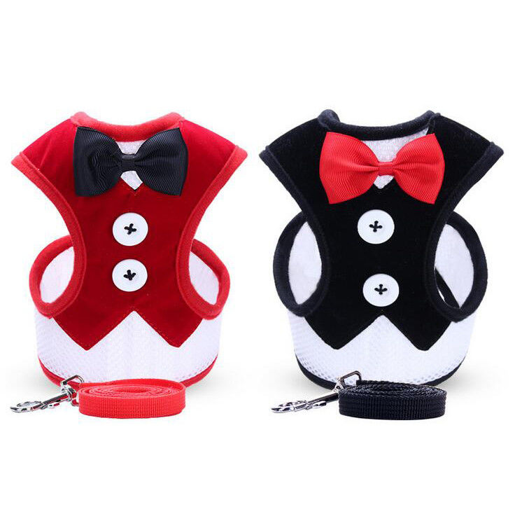 Adjustable Collar Leash Harness Set Kerah Anjing Buatan Tangan Dengan Tali Rompi Traksi Dasi Kupu-kupu L 35-50cm