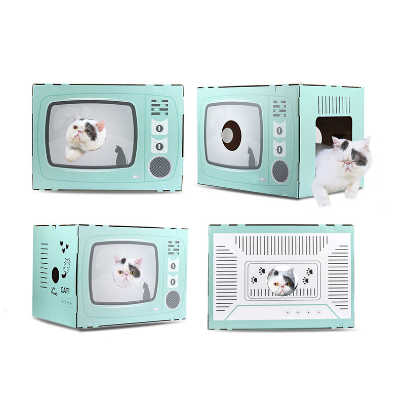 Cat House Scratcher Retro TV Bentuk Cat Lounge dengan Scratch Pad Karton Bergelombang Cave Bed Scratcher