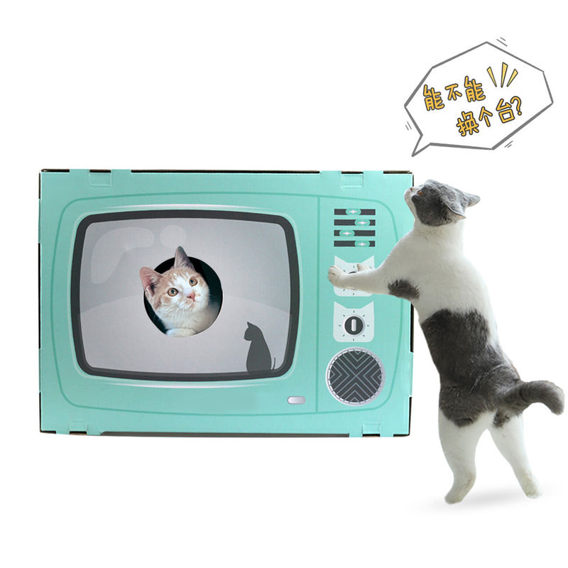 Cat House Scratcher Retro TV Bentuk Cat Lounge dengan Scratch Pad Karton Bergelombang Cave Bed Scratcher