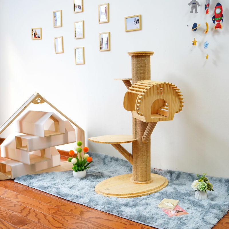 123cm Menara Aktivitas Kucing Kayu Kayu Solid Besar Memanjat Dengan Tulisan Menggaruk