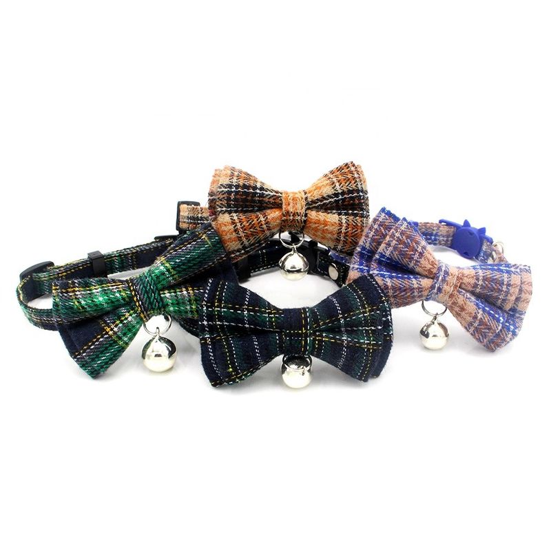 Scottish Tartan Bowtie Cat Collar Safety Buckle Dengan Bell Cotton Width Menyesuaikan 13-22cm