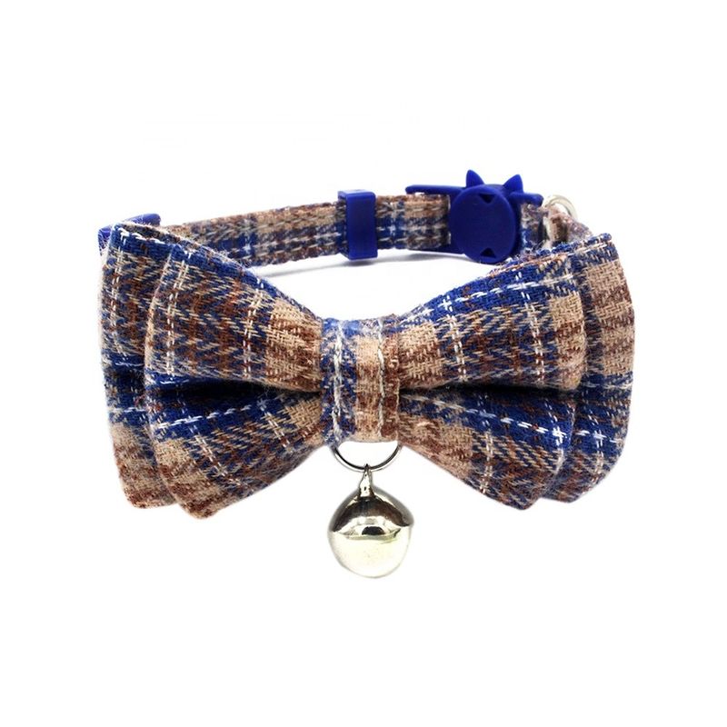 Scottish Tartan Bowtie Cat Collar Safety Buckle Dengan Bell Cotton Width Menyesuaikan 13-22cm