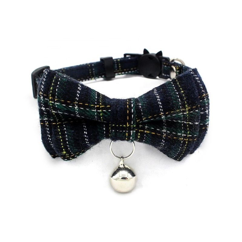 Scottish Tartan Bowtie Cat Collar Safety Buckle Dengan Bell Cotton Width Menyesuaikan 13-22cm