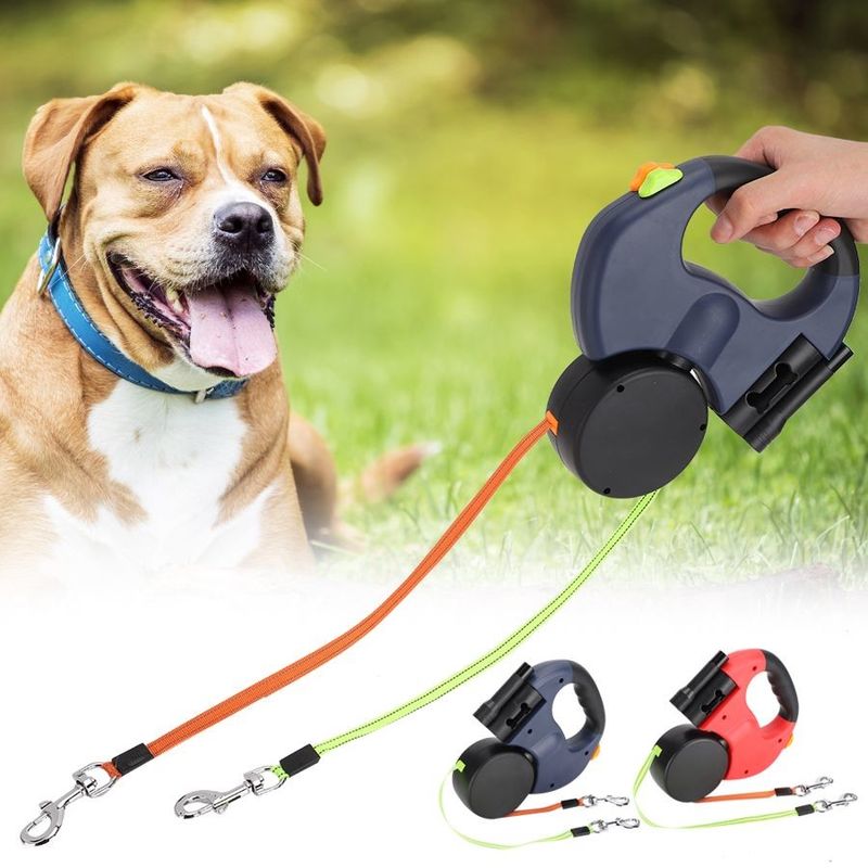 Tali Anjing Reflektif Ganda yang Dapat Ditarik Sabuk Elastis Tugas Berat dengan Tas Kotoran Senter LED