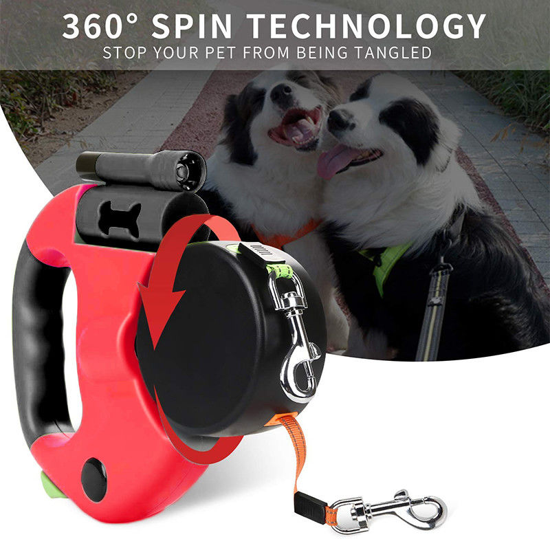 Tali Anjing Reflektif Ganda yang Dapat Ditarik Sabuk Elastis Tugas Berat dengan Tas Kotoran Senter LED