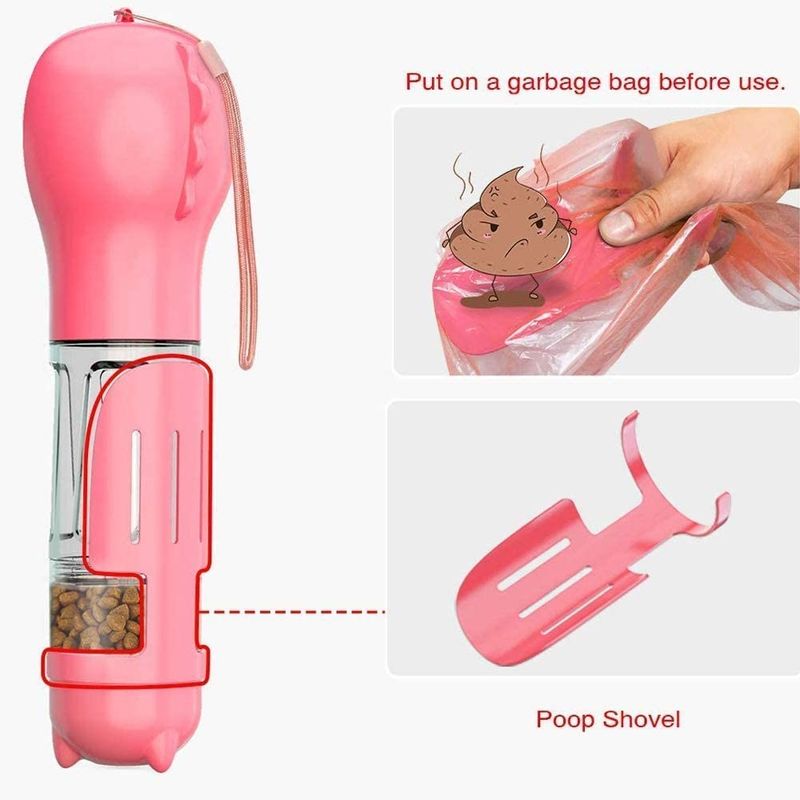 4 In1 Portabel Botol Air Anjing Merah Muda Anti Bocor Dengan Wadah Makanan &amp; Kantong Sampah