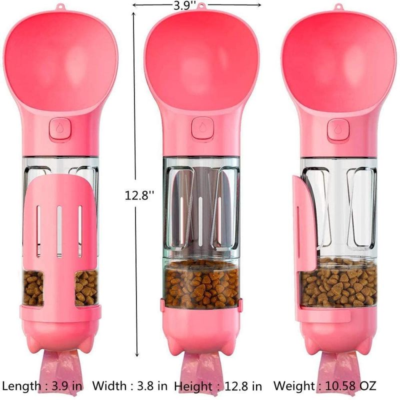 4 In1 Portabel Botol Air Anjing Merah Muda Anti Bocor Dengan Wadah Makanan &amp; Kantong Sampah