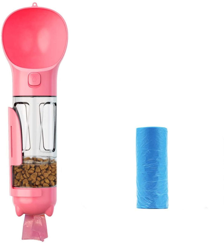 4 In1 Portabel Botol Air Anjing Merah Muda Anti Bocor Dengan Wadah Makanan &amp; Kantong Sampah